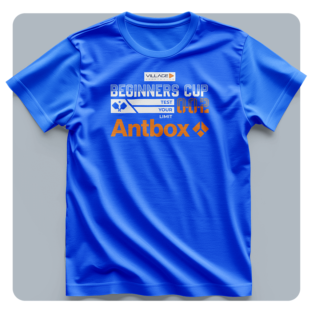 Blue t-shirt with 'Antbox' branding and text on a gray background