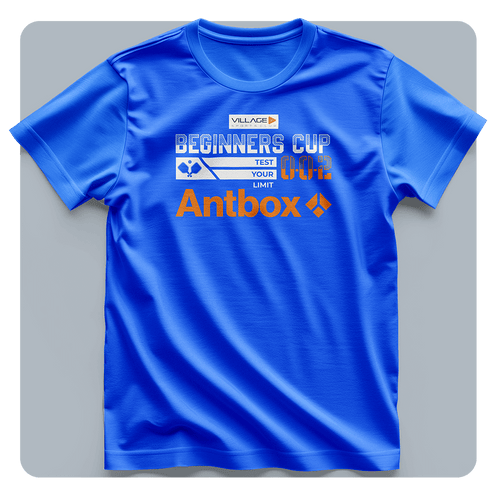 Blue t-shirt with 'Antbox' branding and text on a gray background
