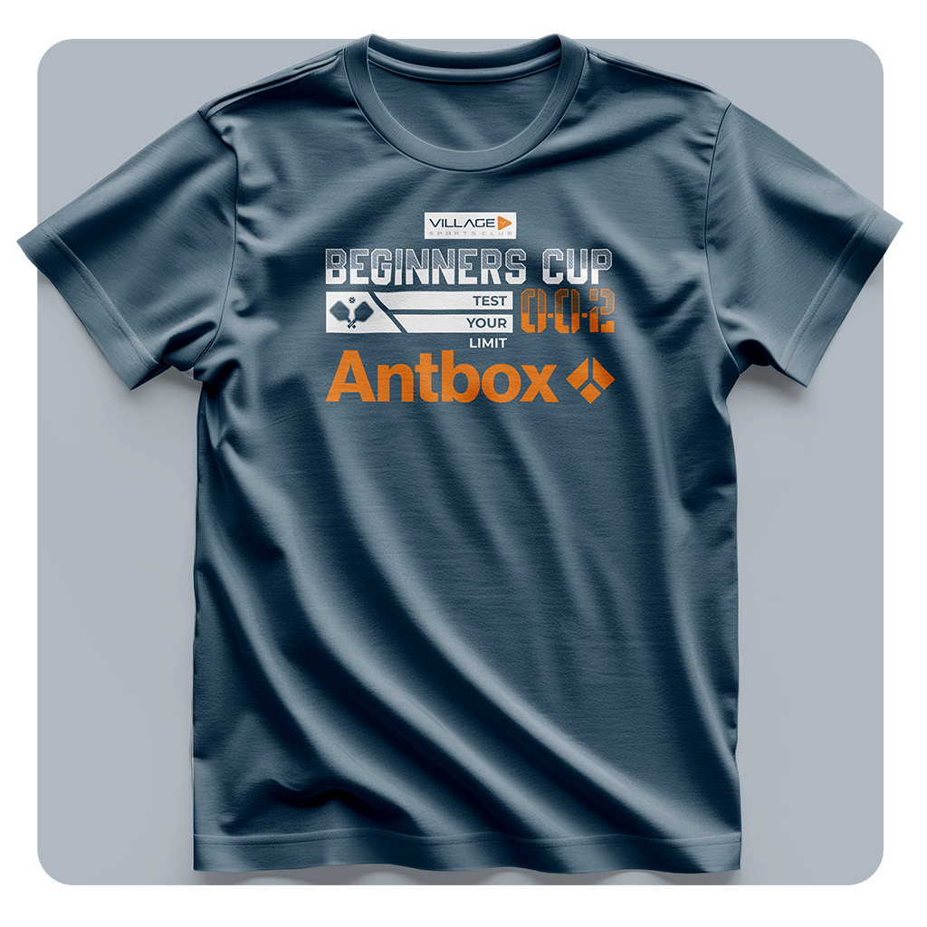 Blue t-shirt with 'Antbox' branding and text on a gray background