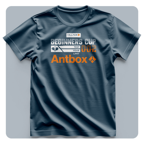 Blue t-shirt with 'Antbox' branding and text on a gray background