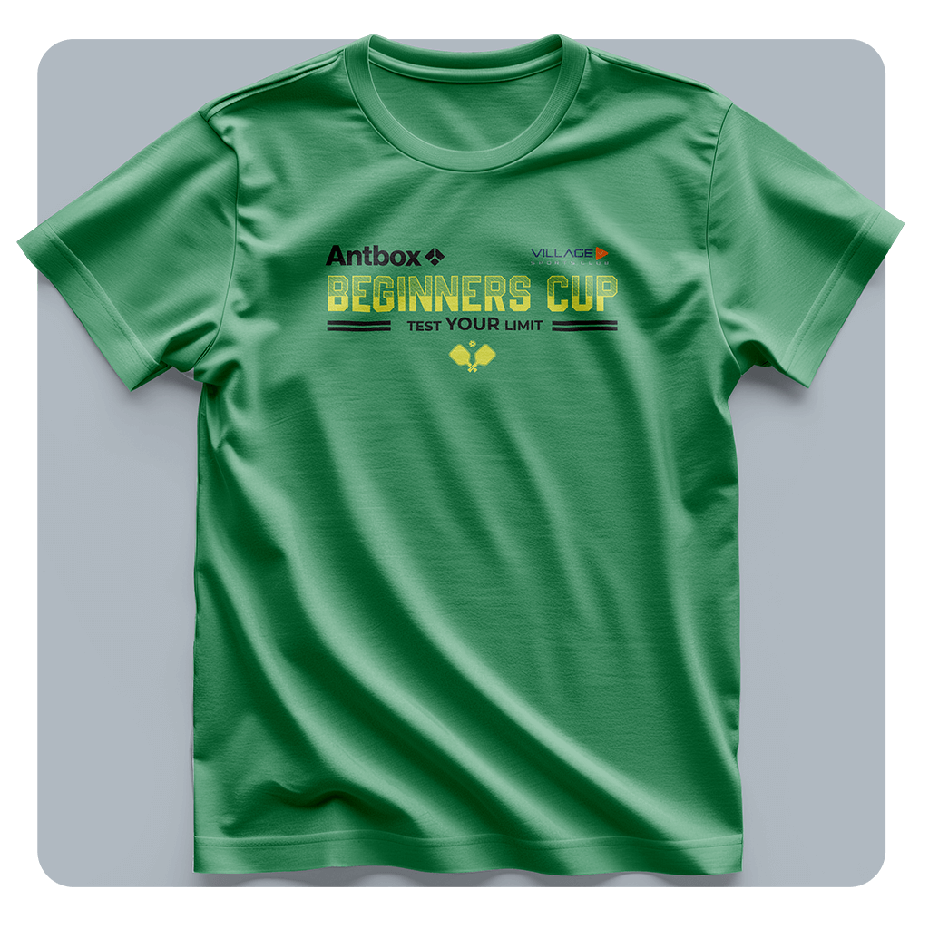 Green t-shirt with 'Beginners Cup' text and logos on a gray background