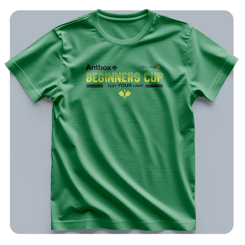 Green t-shirt with 'Beginners Cup' text and logos on a gray background