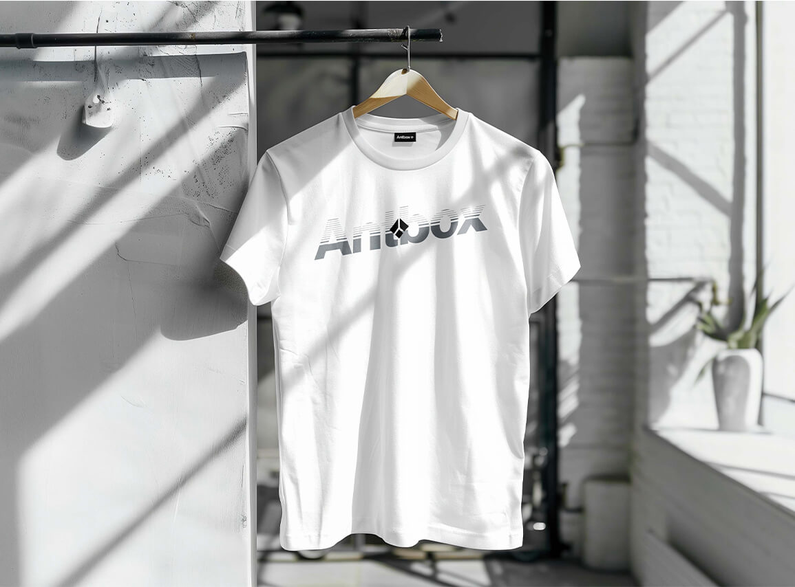 White t-shirt with 'ANTBOX' logo on a hanger in a bright room.