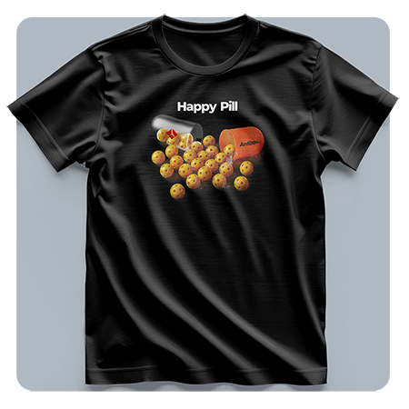 Black t-shirt with 'Happy Pill' graphic design on a light gray background