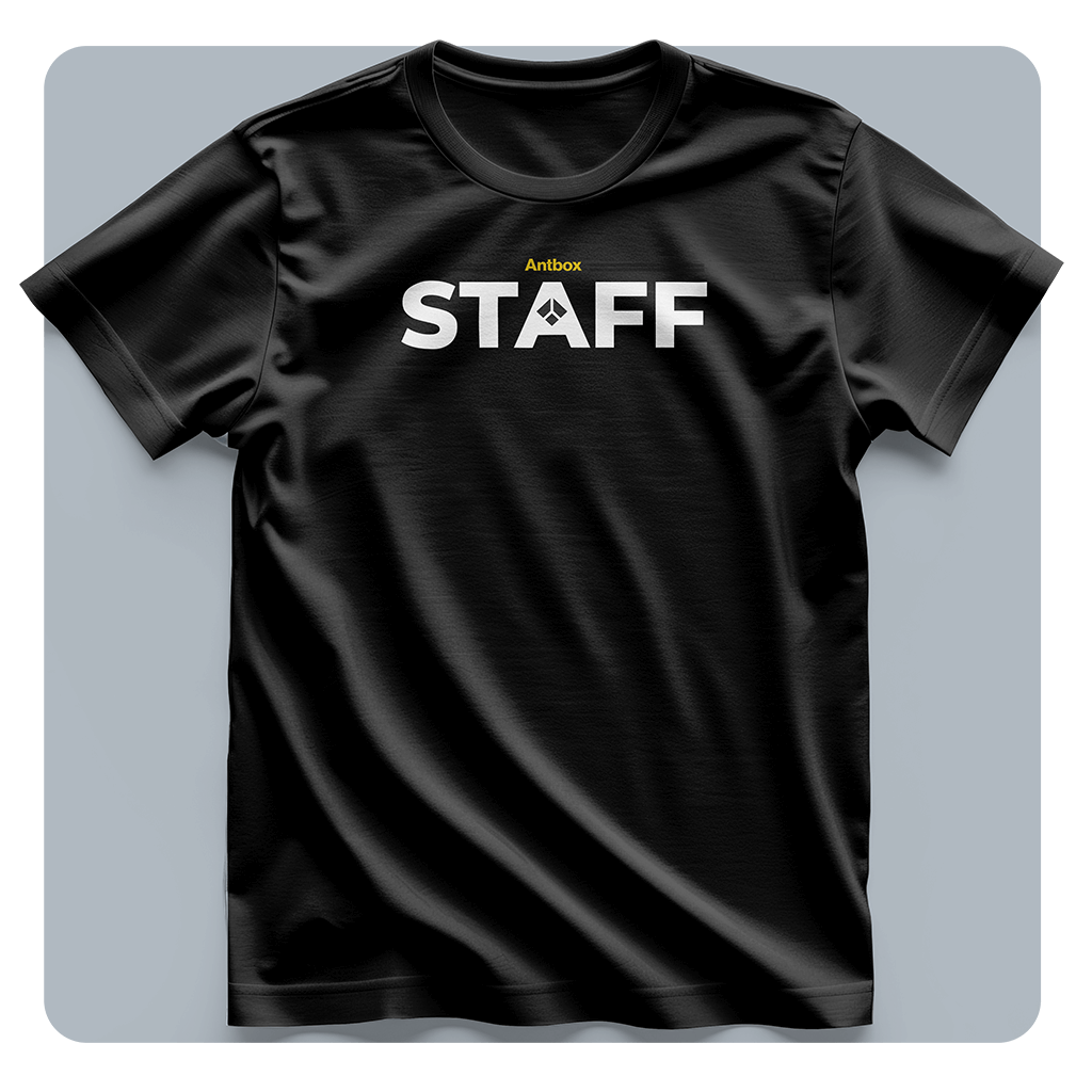 Black t-shirt with 'STAFF' text on a gray background