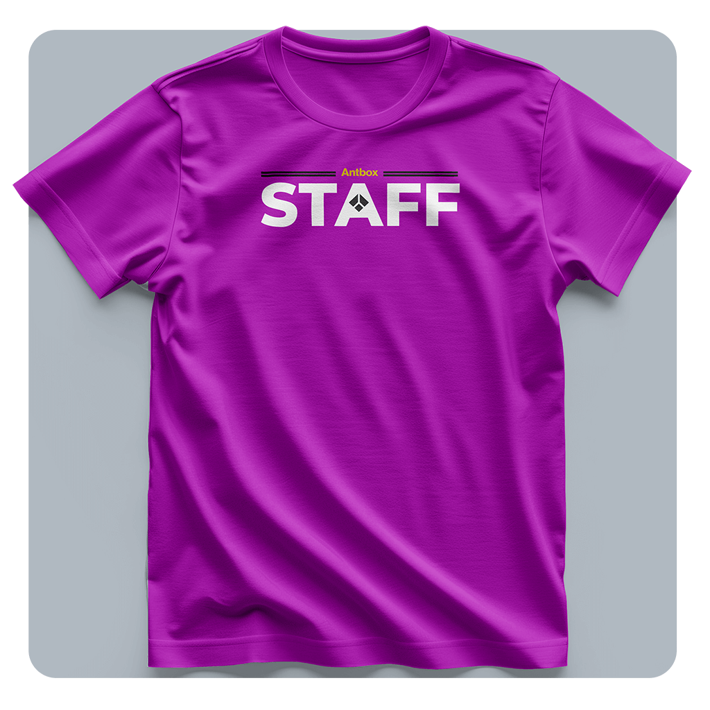 Purple t-shirt with 'STAFF' text on a gray background